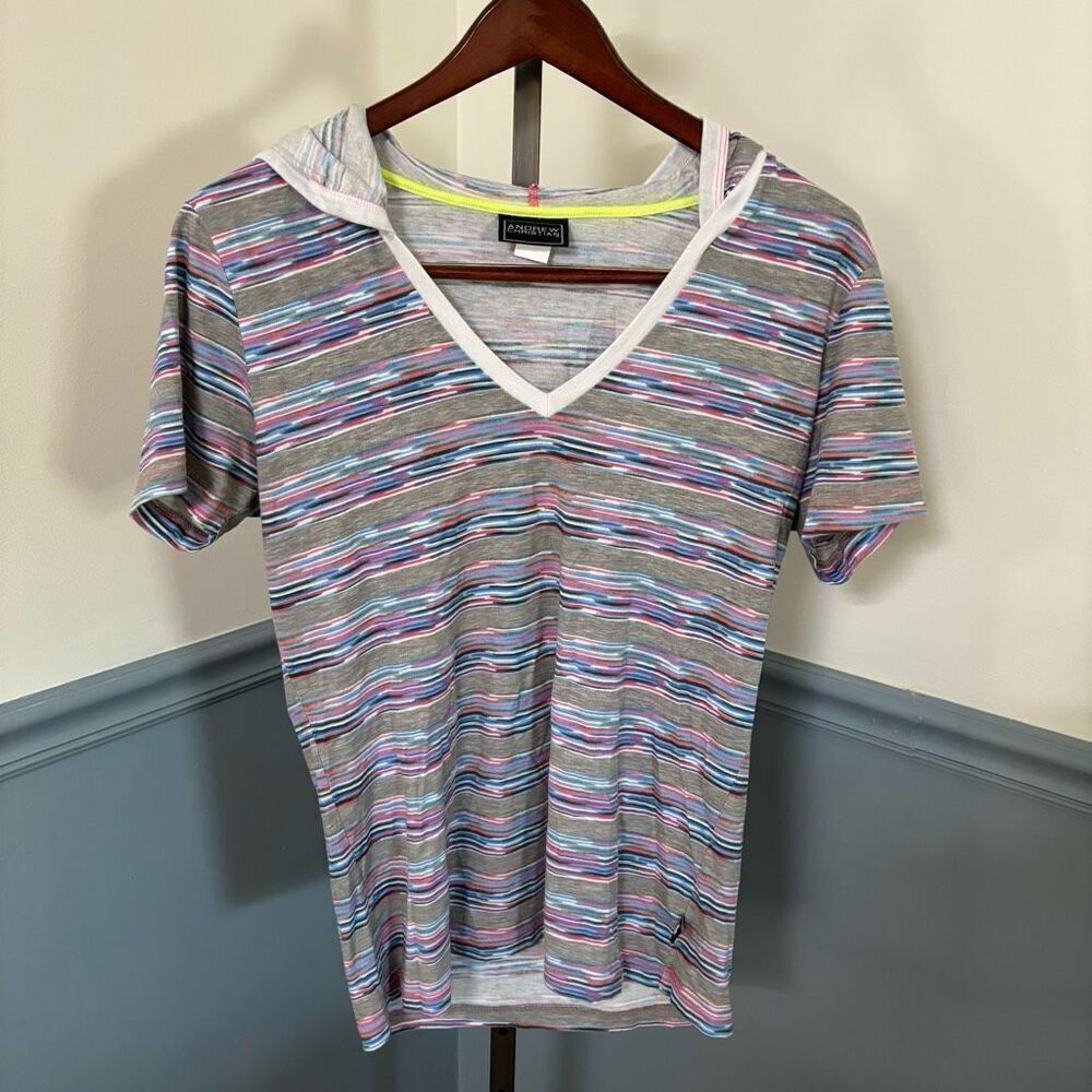 Andrew Christian Multicolor Stripes Hooded Short Sleeve V-Neck T-Shirt Large